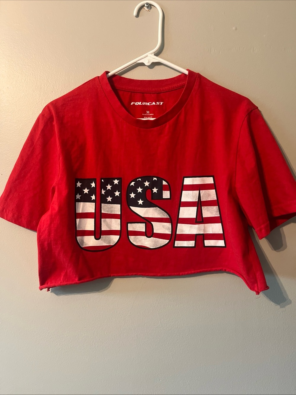 Womens Fourcast USA Cropped Short Sleeve Shirt Red White Blue Medium 4th Of July